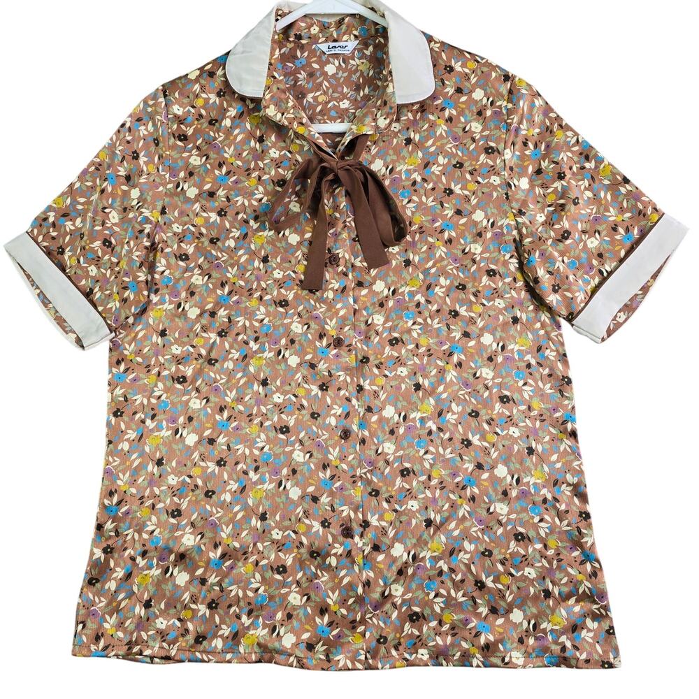 Vintage Floral Button Shirt Top Blouse Women Medium Brown Cottage Fairy 70s Prop